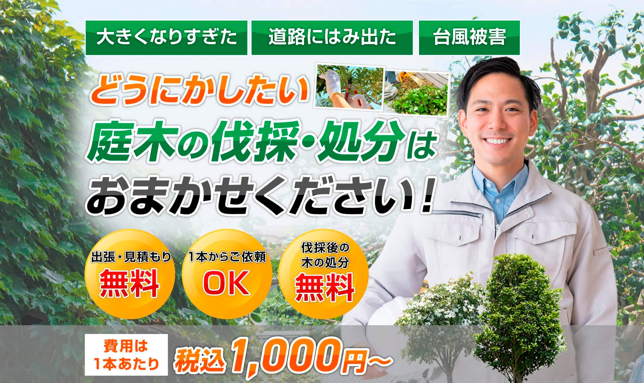 「大きくなりすぎた」「道路にはみ出た」「台風被害」どうにかしたい庭木の伐採・処分はお任せください!「出張・見積もり無料」「１本からご依頼OK」「伐採後の木の処分無料」費用は１本あたり税込1,000円～