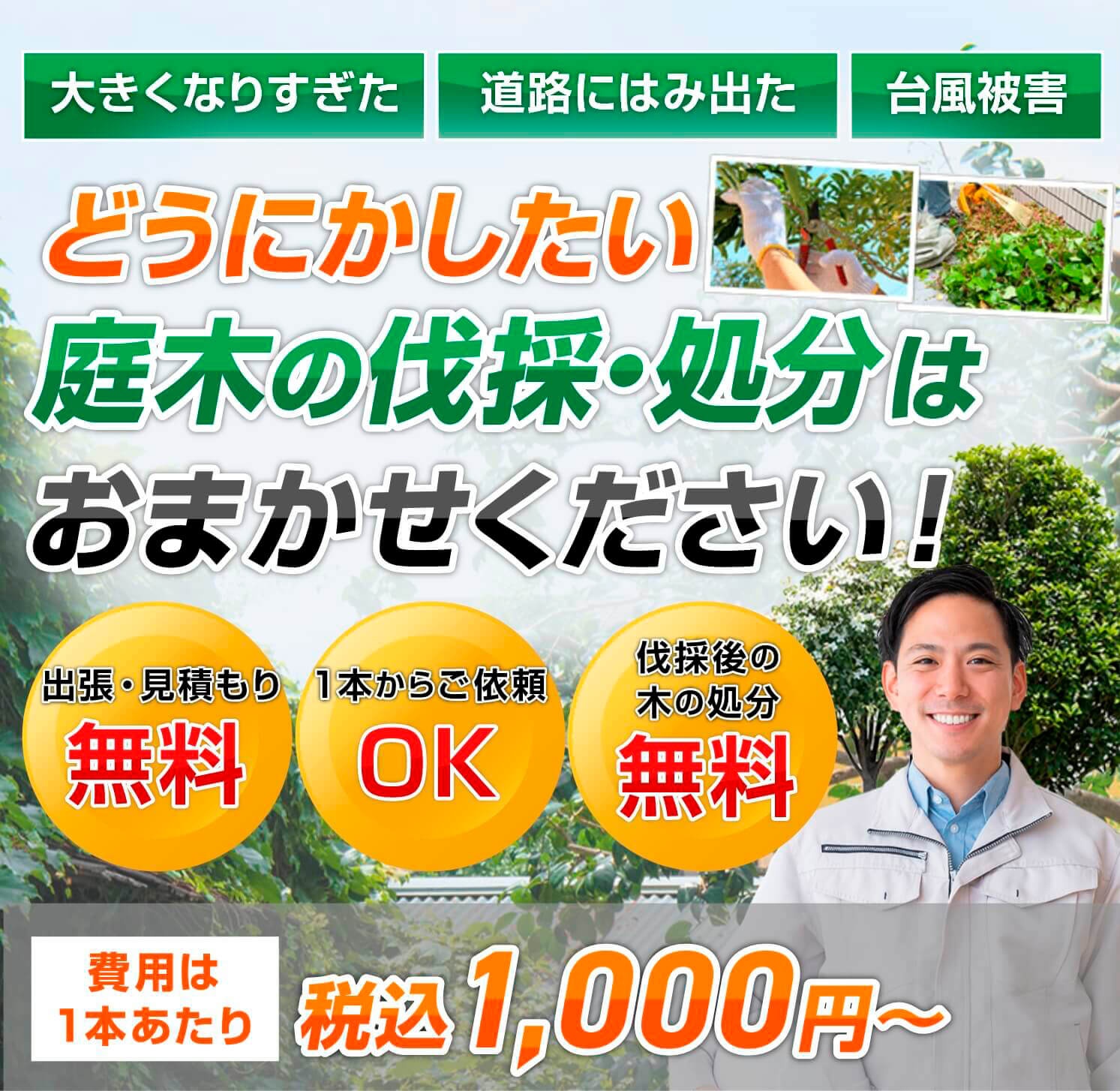 「大きくなりすぎた」「道路にはみ出た」「台風被害」どうにかしたい庭木の伐採・処分はお任せください!「出張・見積もり無料」「１本からご依頼OK」「伐採後の木の処分無料」費用は１本あたり税込1,000円～